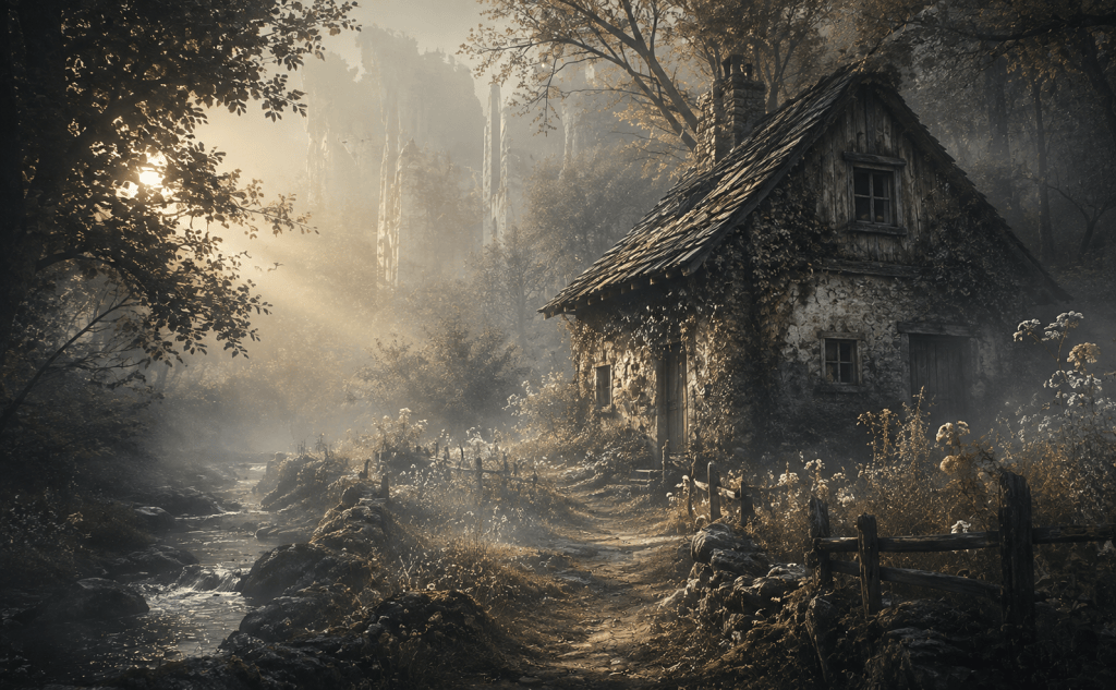 Maison ancienne entourée de végétation dans l’univers de NoaMiraN