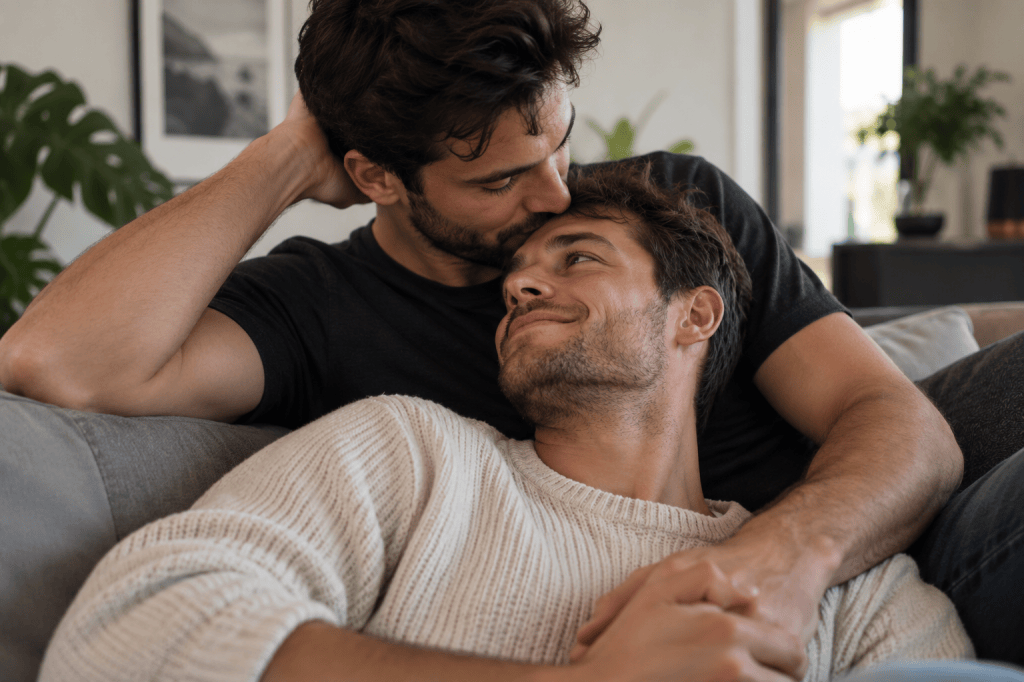 Deux hommes partageant un moment de tendresse, illustration d’une romance MM